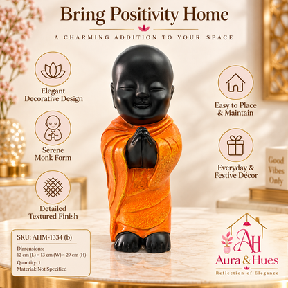Peaceful Meditating Monk Figurine (Large) - Jet Black & Orange
