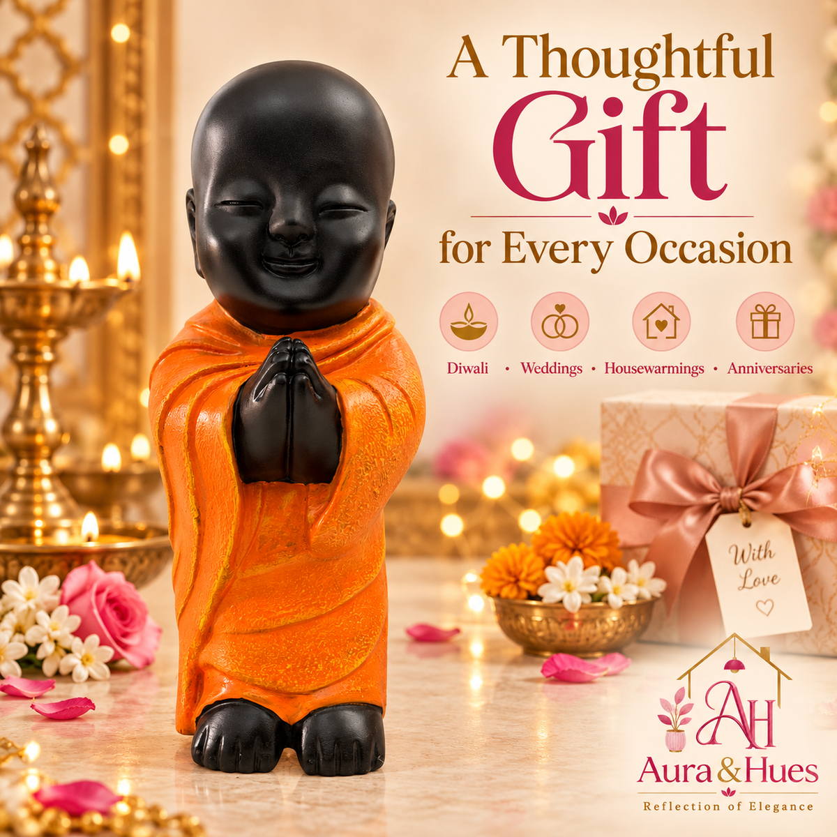 Peaceful Meditating Monk Figurine (Large) - Jet Black & Orange