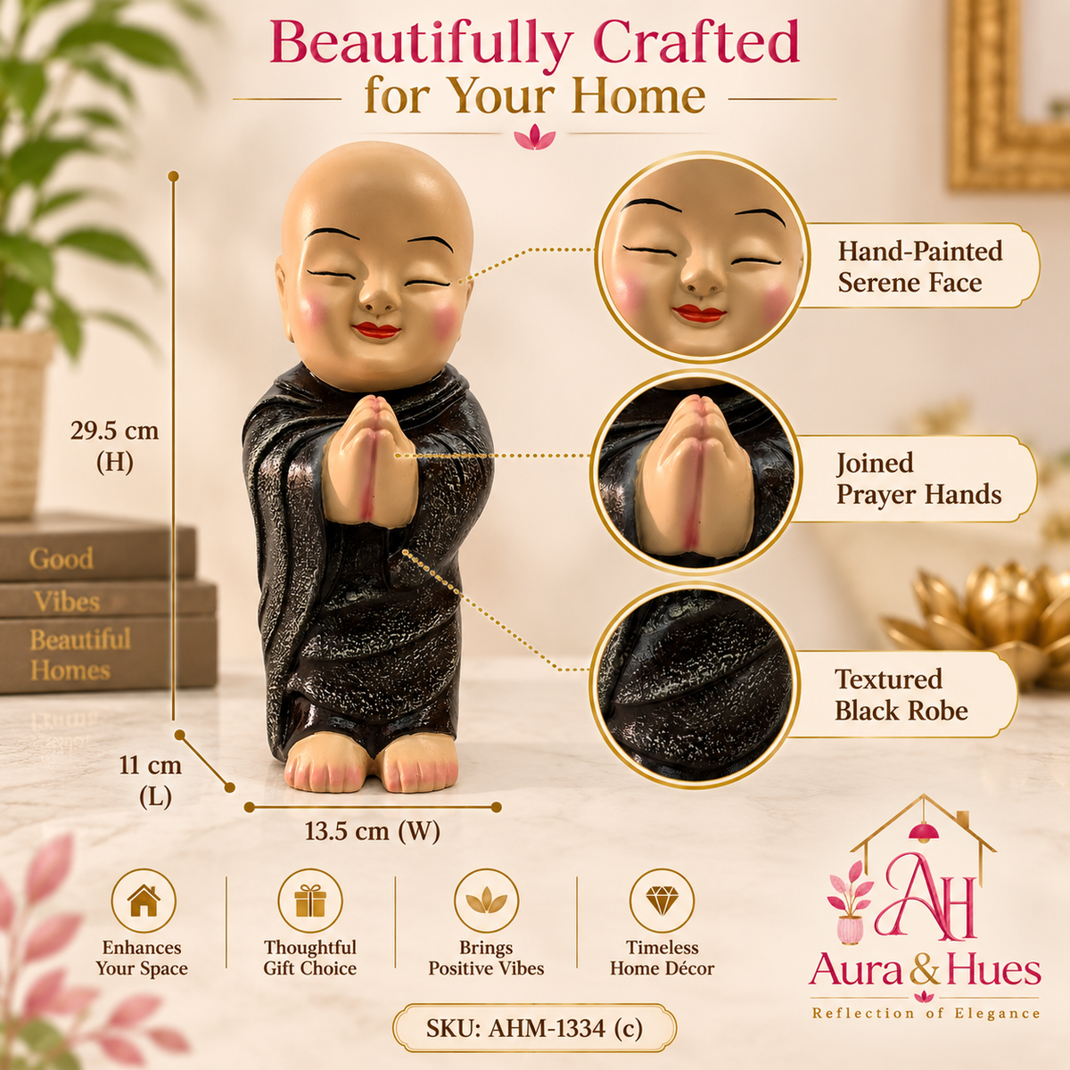 Peaceful Meditating Monk Figurine (Large) - Warm Beige & Textured Black
