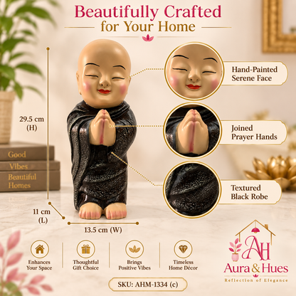 Peaceful Meditating Monk Figurine (Large) - Warm Beige & Textured Black