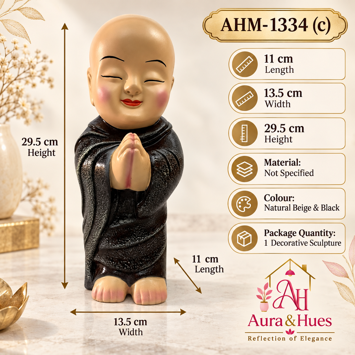 Peaceful Meditating Monk Figurine (Large) - Warm Beige & Textured Black