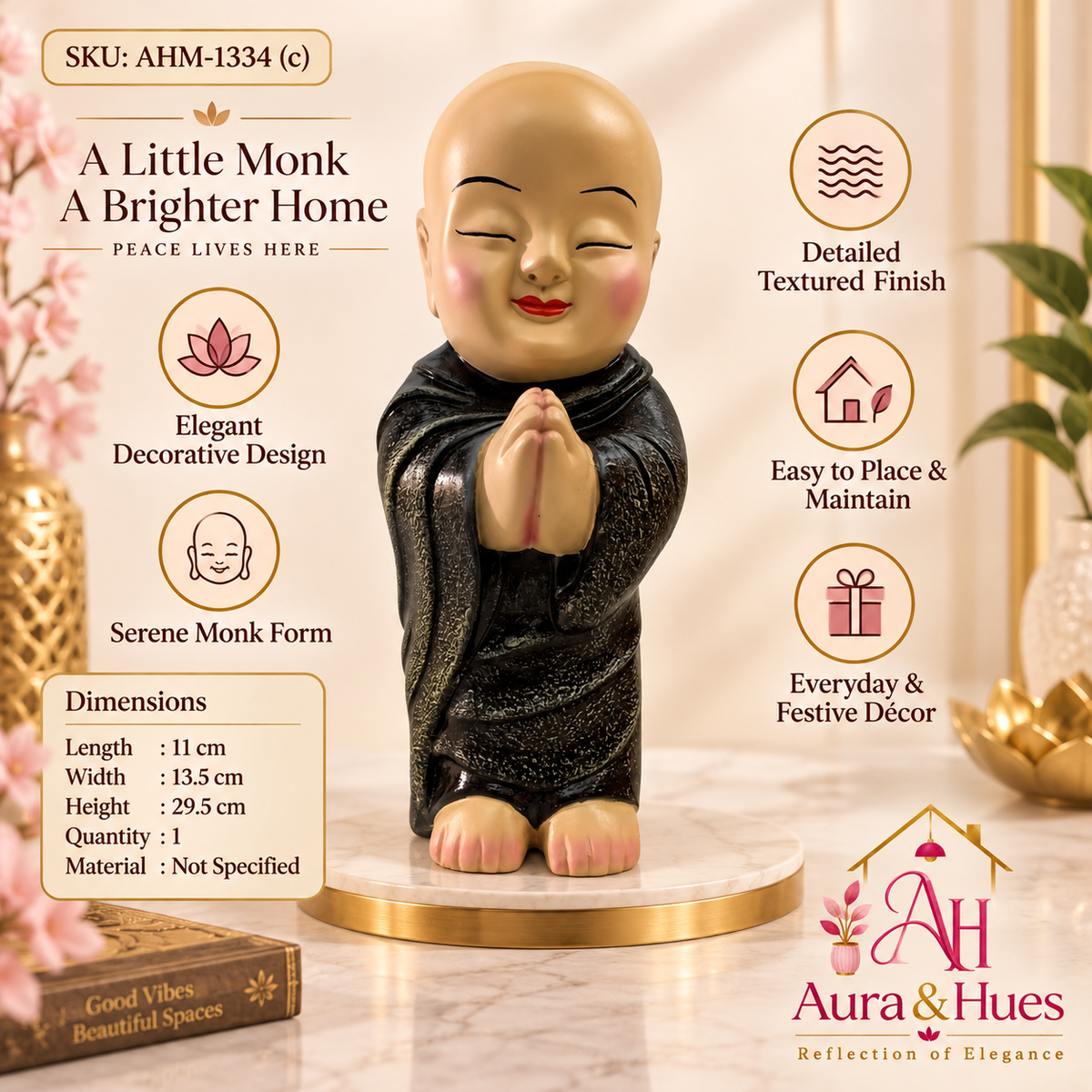 Peaceful Meditating Monk Figurine (Large) - Warm Beige & Textured Black