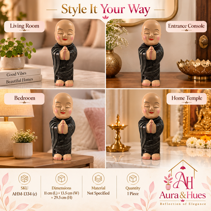 Peaceful Meditating Monk Figurine (Large) - Warm Beige & Textured Black