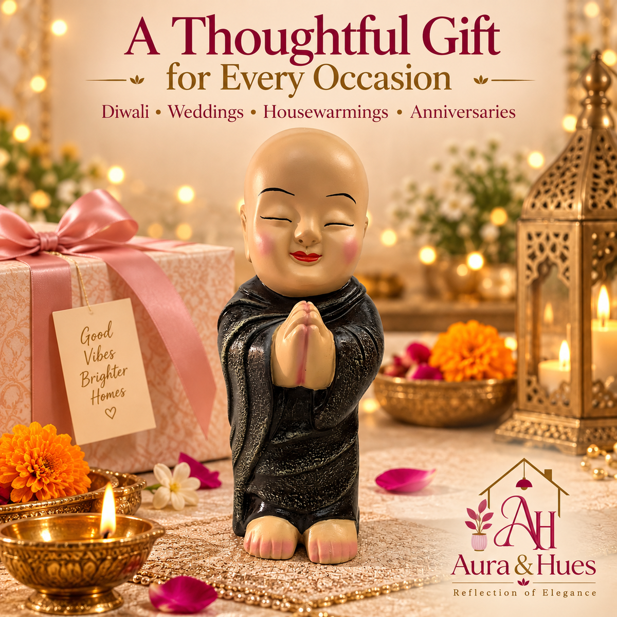 Peaceful Meditating Monk Figurine (Large) - Warm Beige & Textured Black