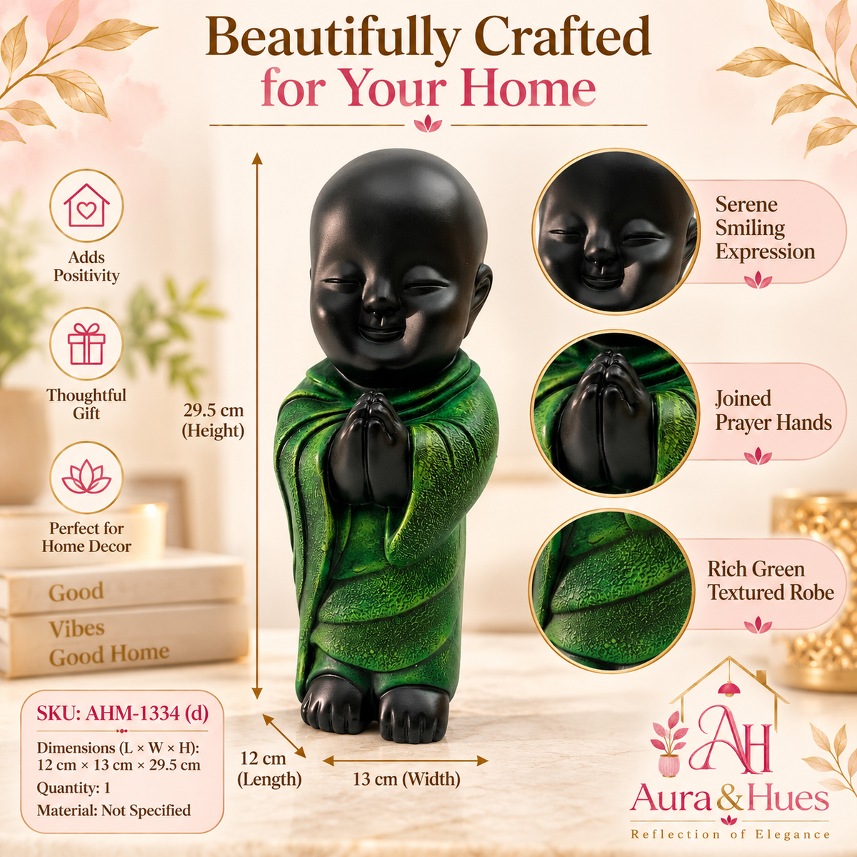 Peaceful Meditating Monk Figurine (Large) - Jet Black & Textured Green