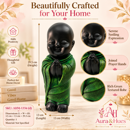 Peaceful Meditating Monk Figurine (Large) - Jet Black & Textured Green