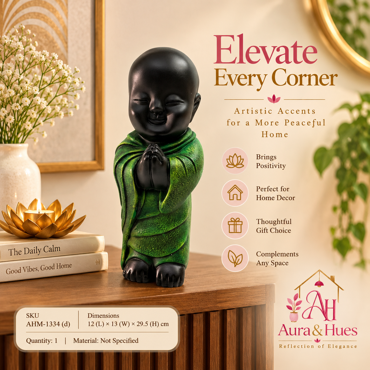 Peaceful Meditating Monk Figurine (Large) - Jet Black & Textured Green