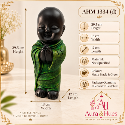 Peaceful Meditating Monk Figurine (Large) - Jet Black & Textured Green