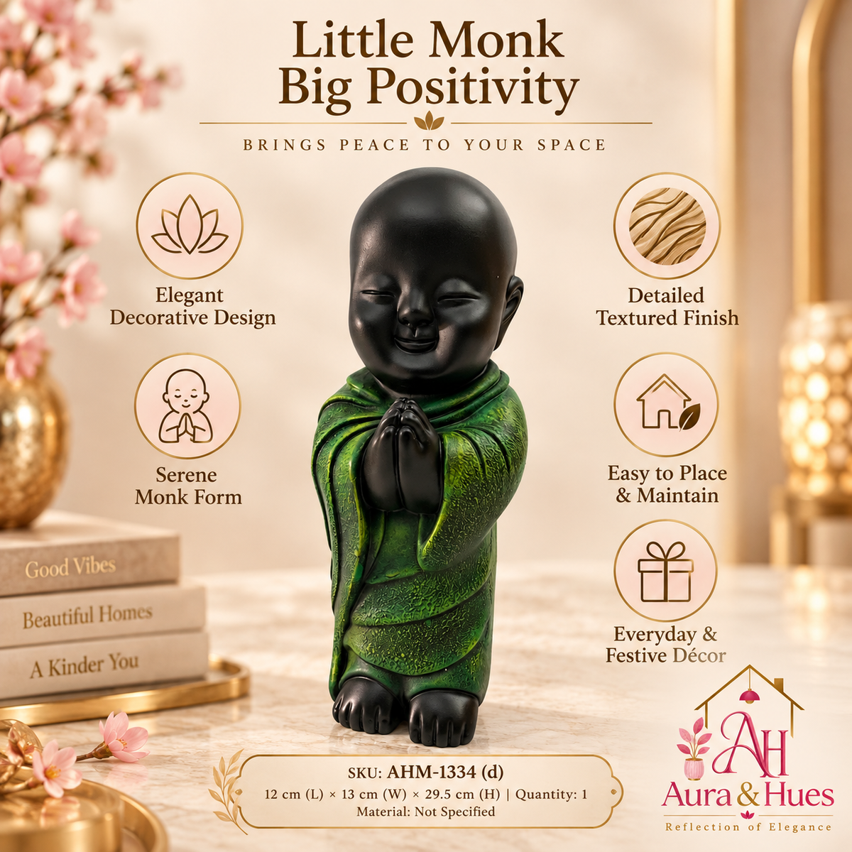 Peaceful Meditating Monk Figurine (Large) - Jet Black & Textured Green