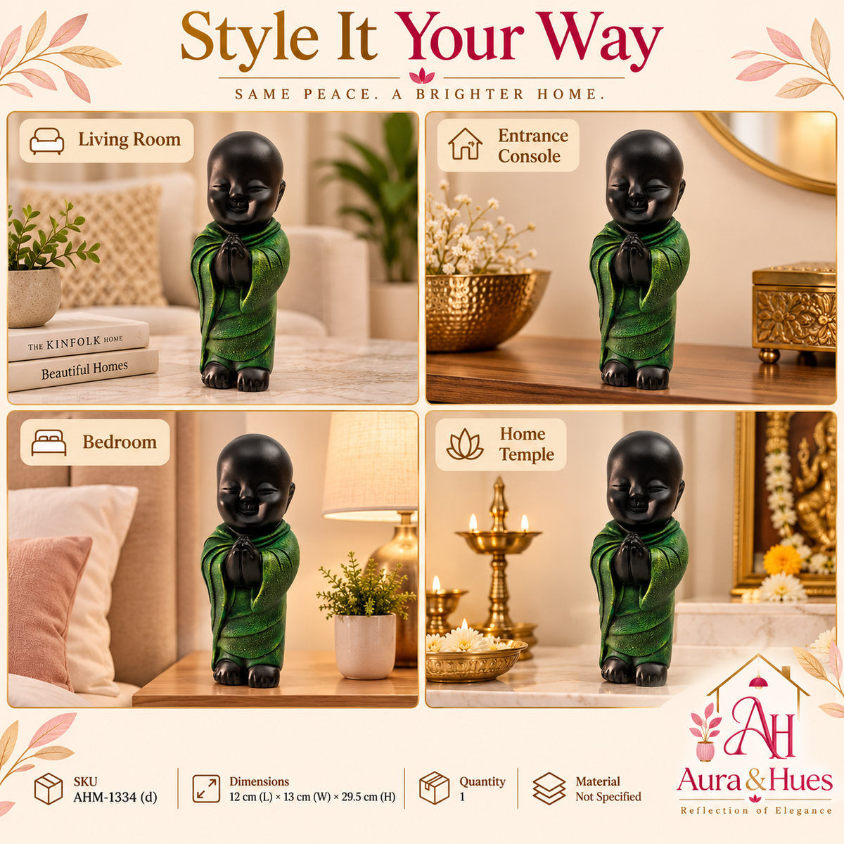 Peaceful Meditating Monk Figurine (Large) - Jet Black & Textured Green