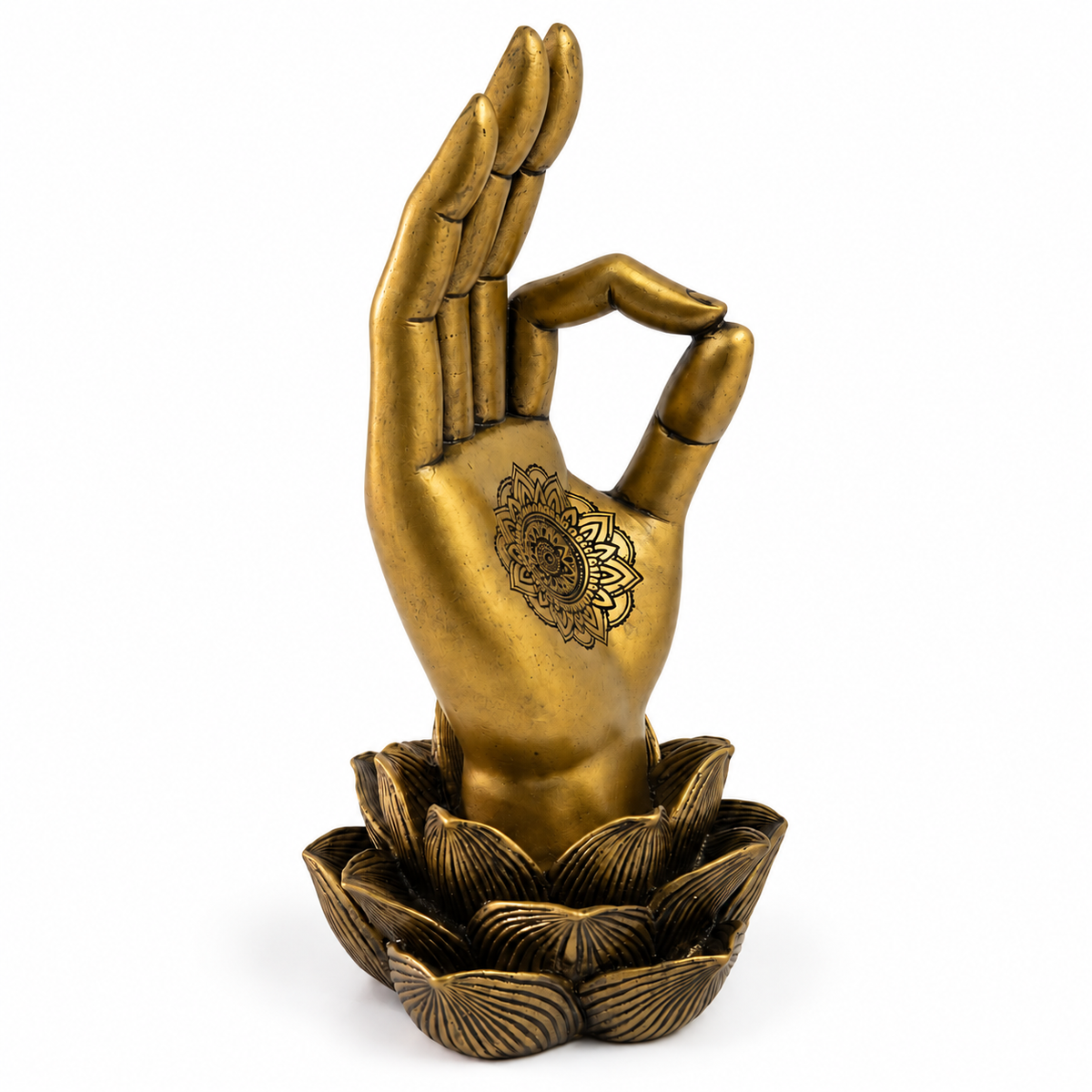 Sacred Lotus Palm Mudra Accent - Ornate Antique Gold