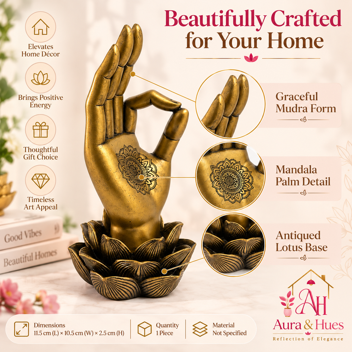 Sacred Lotus Palm Mudra Accent - Ornate Antique Gold