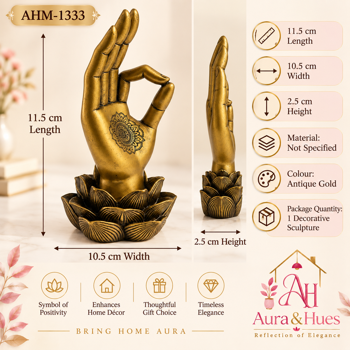 Sacred Lotus Palm Mudra Accent - Ornate Antique Gold
