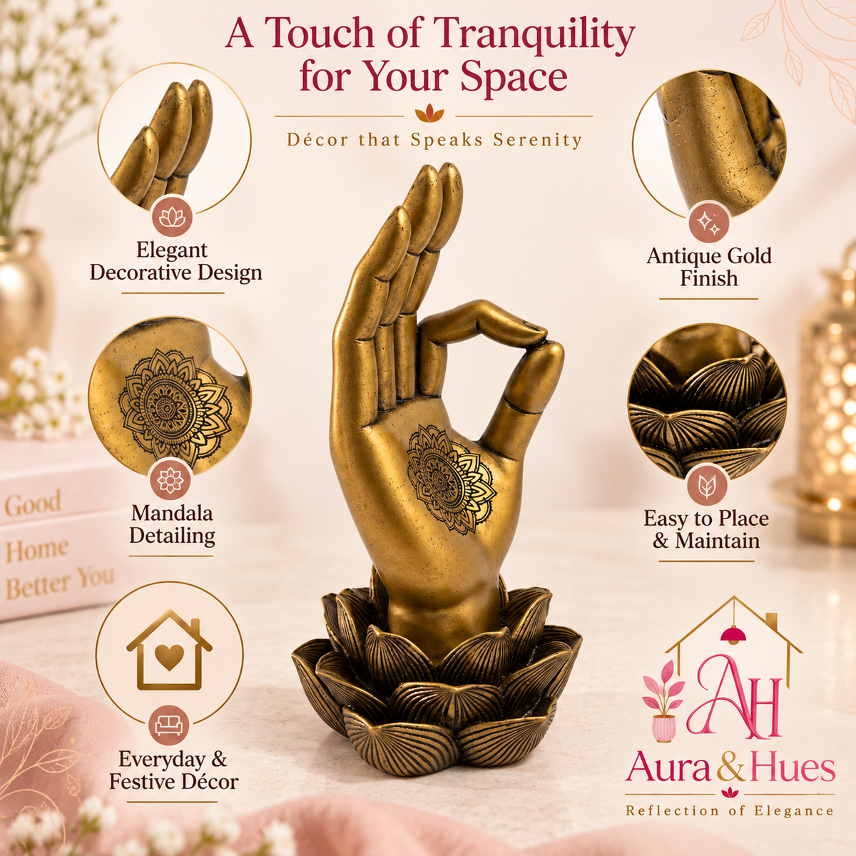 Sacred Lotus Palm Mudra Accent - Ornate Antique Gold