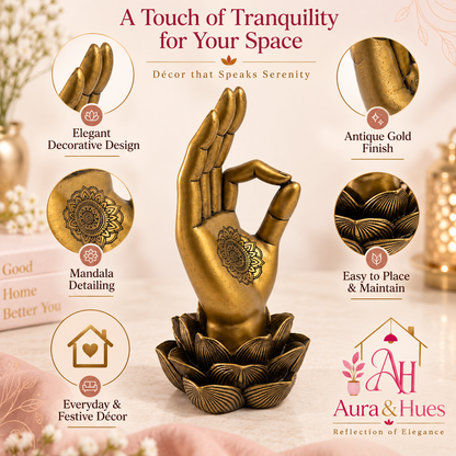 Sacred Lotus Palm Mudra Accent - Ornate Antique Gold