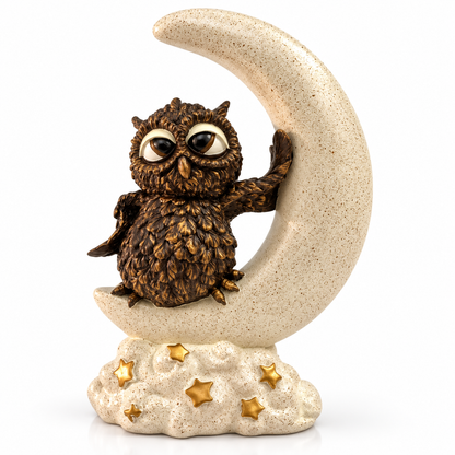 Artisanal Moon Owl Figurine - Cream, Bronze Brown & Gold