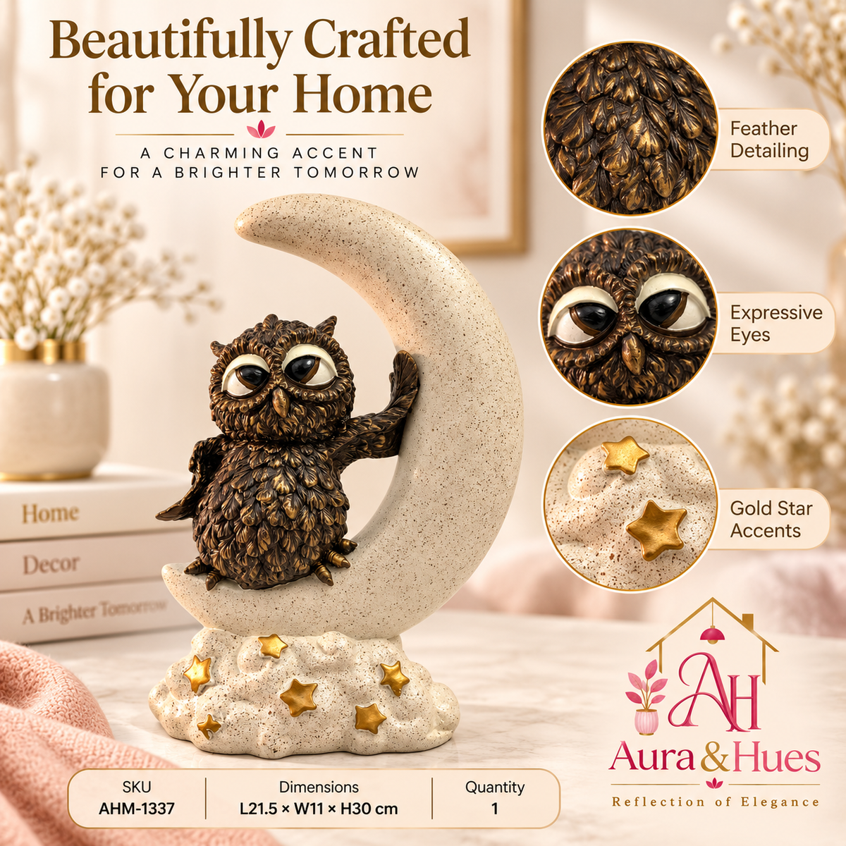 Artisanal Moon Owl Figurine - Cream, Bronze Brown & Gold