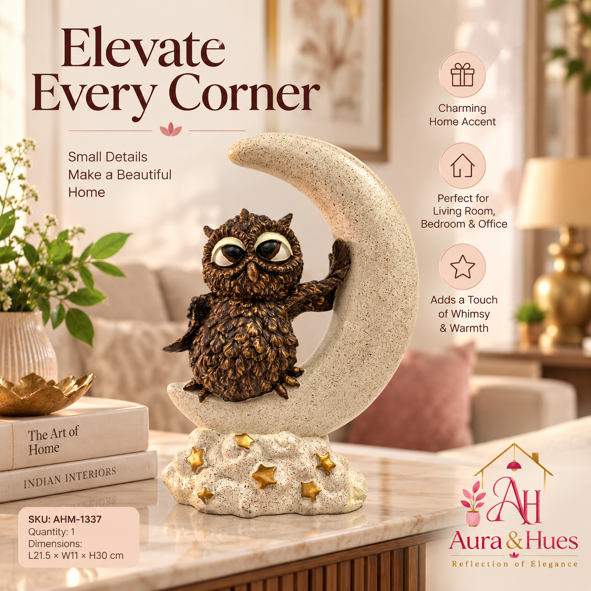Artisanal Moon Owl Figurine - Cream, Bronze Brown & Gold