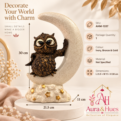 Artisanal Moon Owl Figurine - Cream, Bronze Brown & Gold