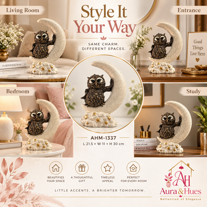 Artisanal Moon Owl Figurine - Cream, Bronze Brown & Gold