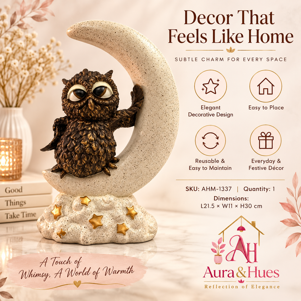 Artisanal Moon Owl Figurine - Cream, Bronze Brown & Gold