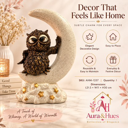 Artisanal Moon Owl Figurine - Cream, Bronze Brown & Gold