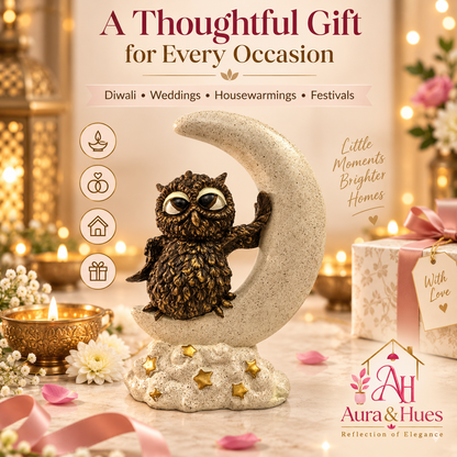 Artisanal Moon Owl Figurine - Cream, Bronze Brown & Gold