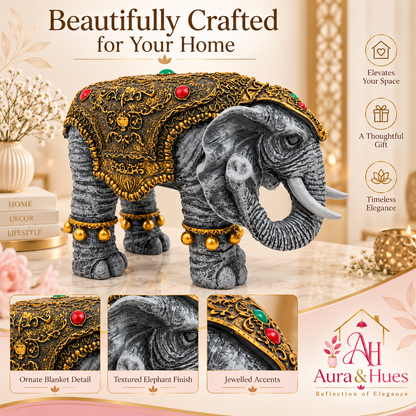Majestic Royal Standing Elephant Showpiece - Charcoal Grey & Antique Gold