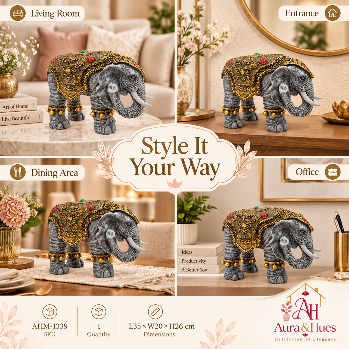 Majestic Royal Standing Elephant Showpiece - Charcoal Grey & Antique Gold