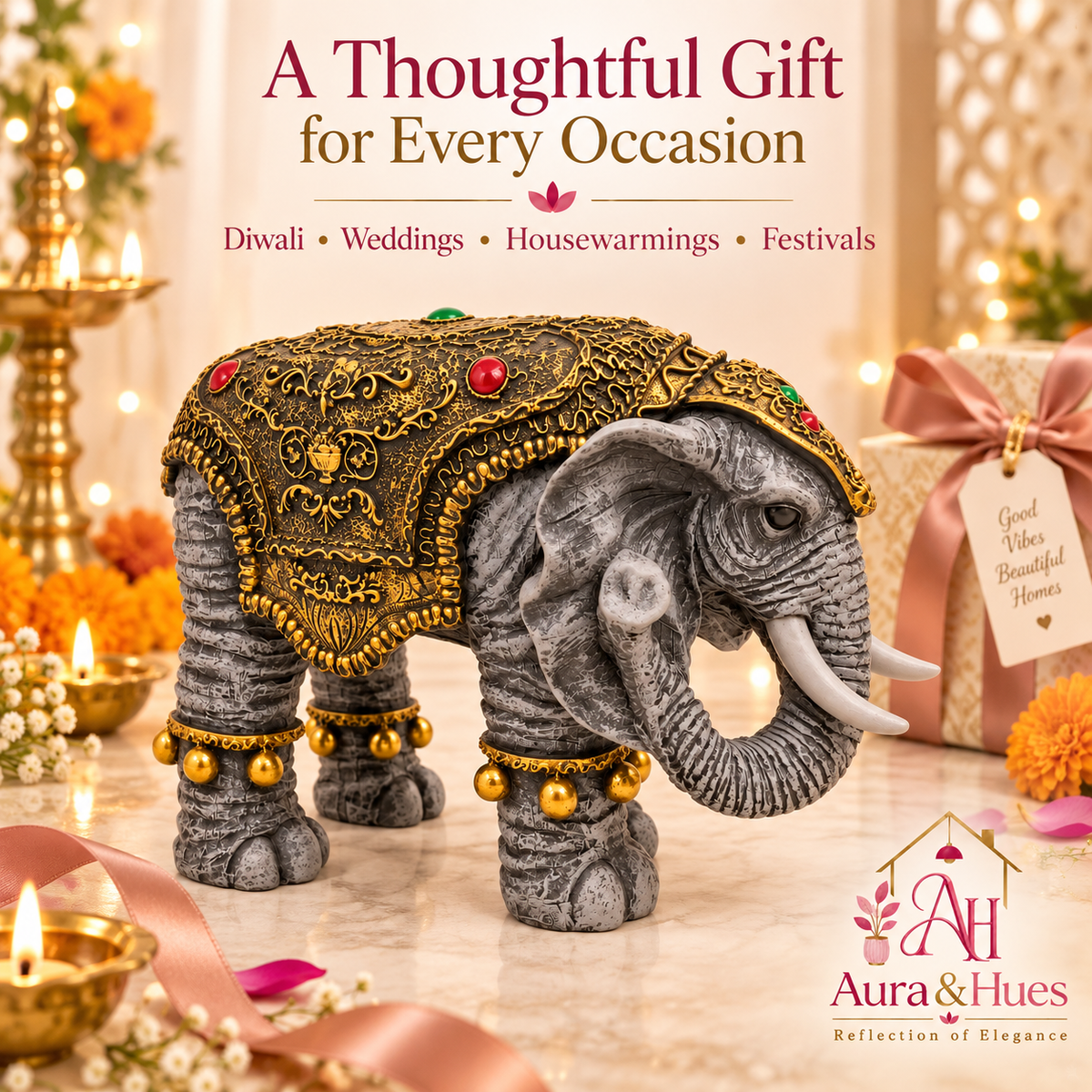 Majestic Royal Standing Elephant Showpiece - Charcoal Grey & Antique Gold