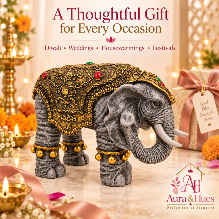 Majestic Royal Standing Elephant Showpiece - Charcoal Grey & Antique Gold