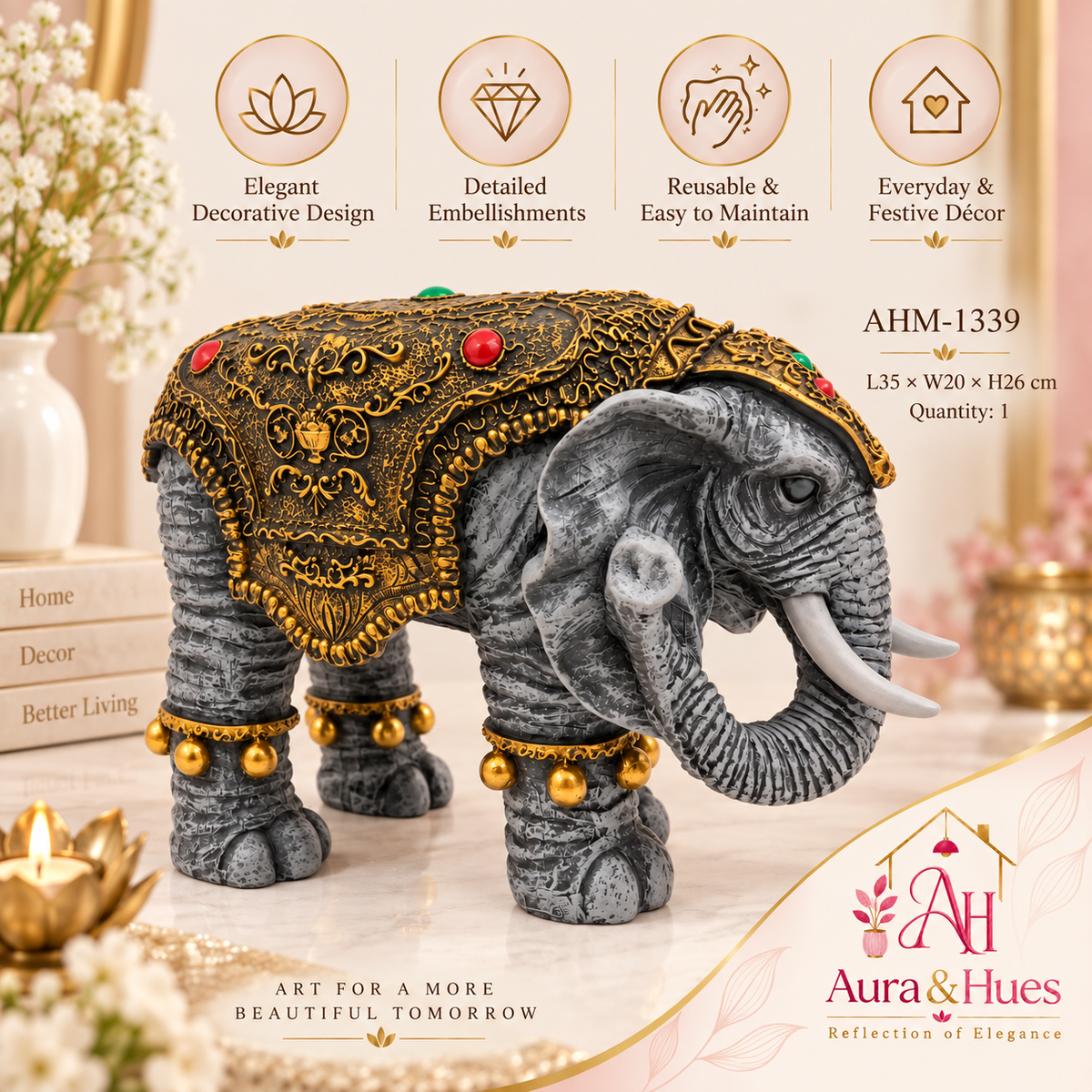 Majestic Royal Standing Elephant Showpiece - Charcoal Grey & Antique Gold