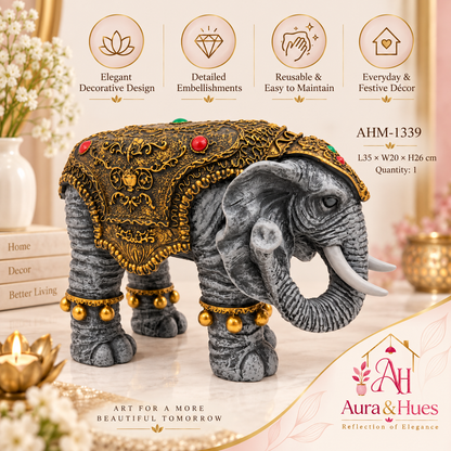 Majestic Royal Standing Elephant Showpiece - Charcoal Grey & Antique Gold