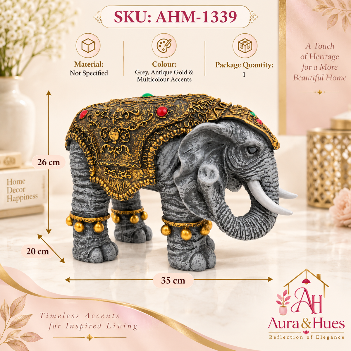 Majestic Royal Standing Elephant Showpiece - Charcoal Grey & Antique Gold