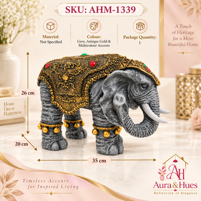 Majestic Royal Standing Elephant Showpiece - Charcoal Grey & Antique Gold