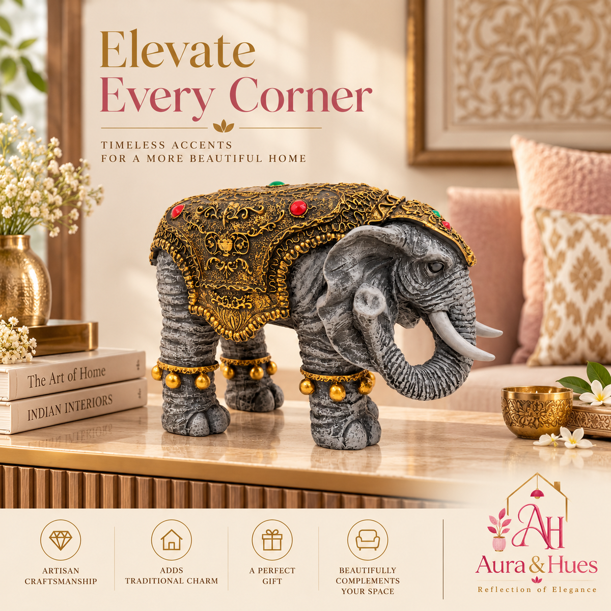 Majestic Royal Standing Elephant Showpiece - Charcoal Grey & Antique Gold