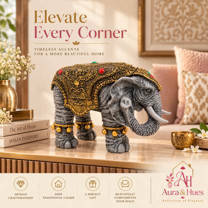 Majestic Royal Standing Elephant Showpiece - Charcoal Grey & Antique Gold