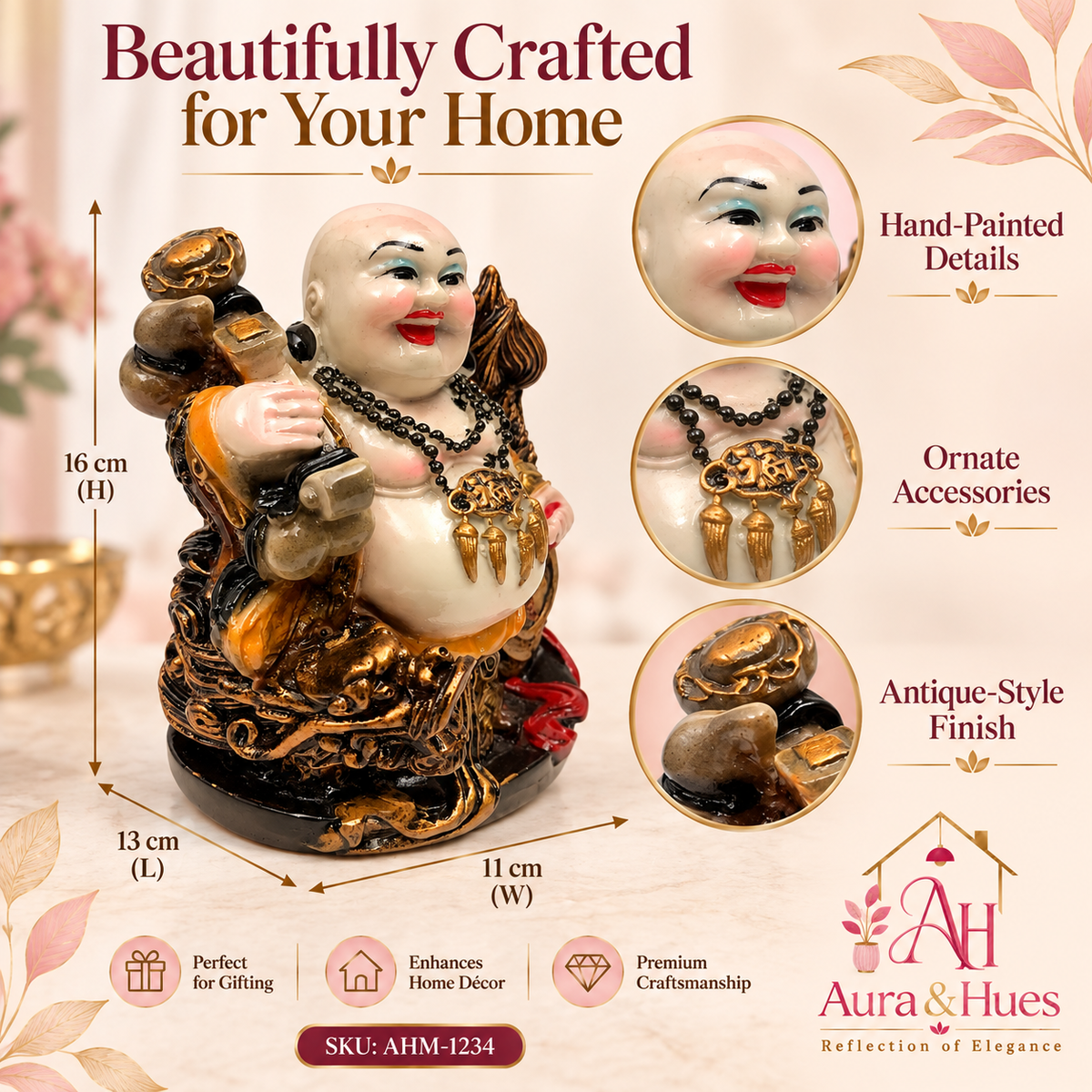Feng Shui Wealth Ingot laughing buddha Idol - Golden Brown