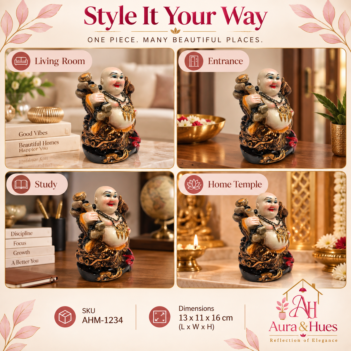 Feng Shui Wealth Ingot laughing buddha Idol - Golden Brown