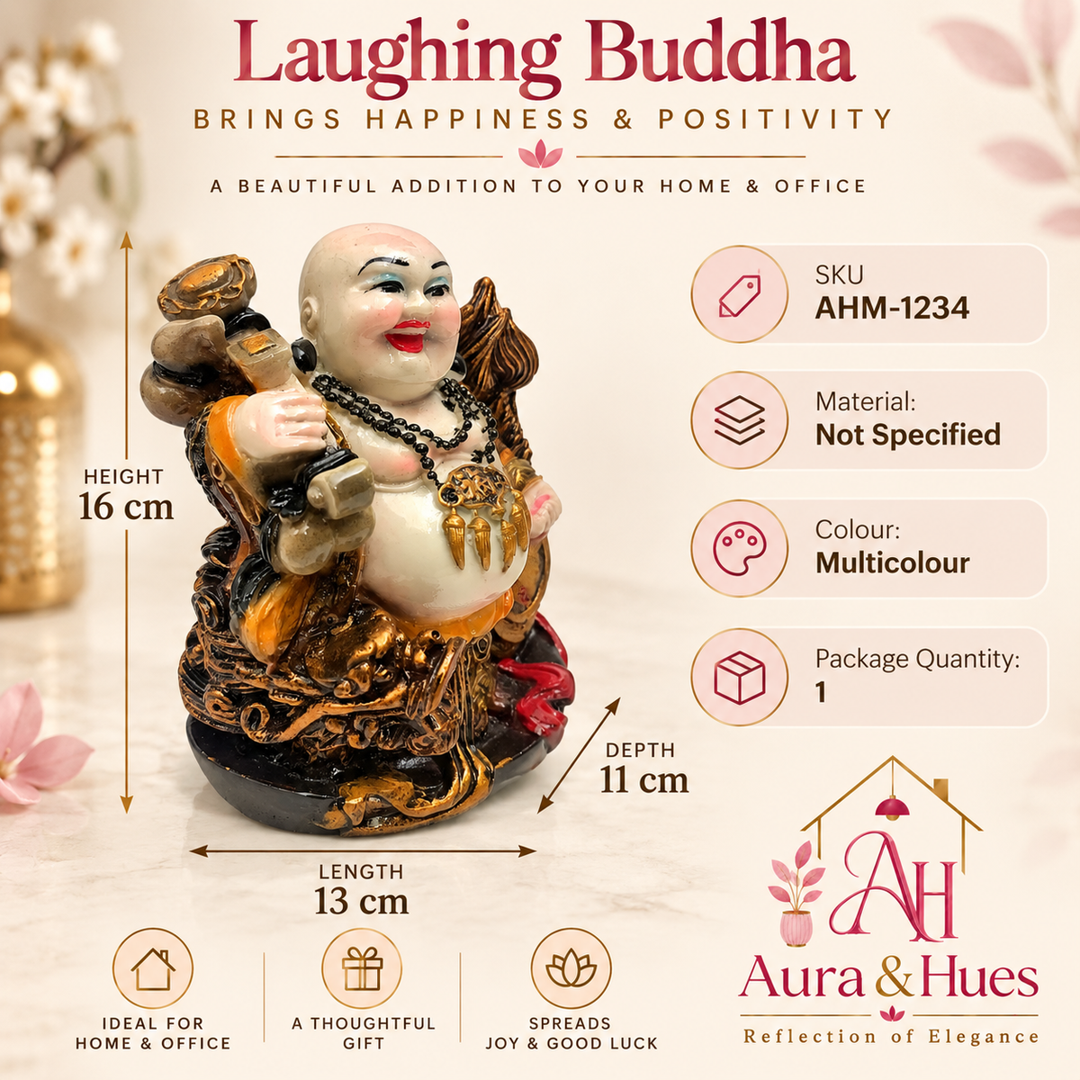 Feng Shui Wealth Ingot laughing buddha Idol - Golden Brown