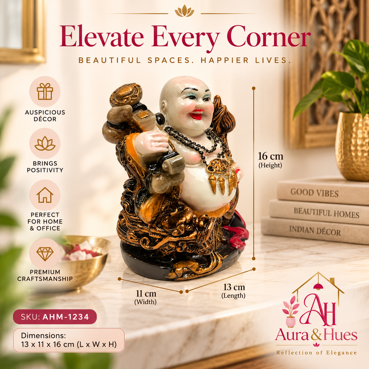 Feng Shui Wealth Ingot laughing buddha Idol - Golden Brown