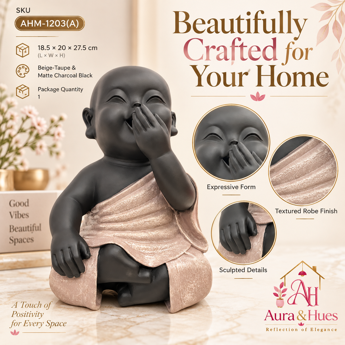 One Hand On Mouth Home Decor Doll - Beige & Black