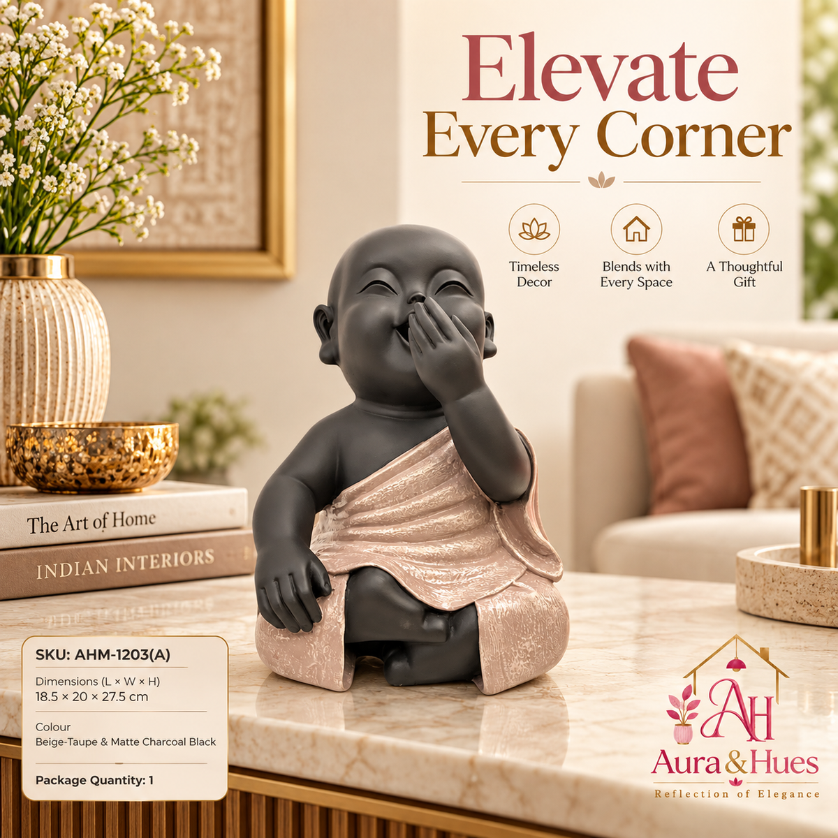 One Hand On Mouth Home Decor Doll - Beige & Black