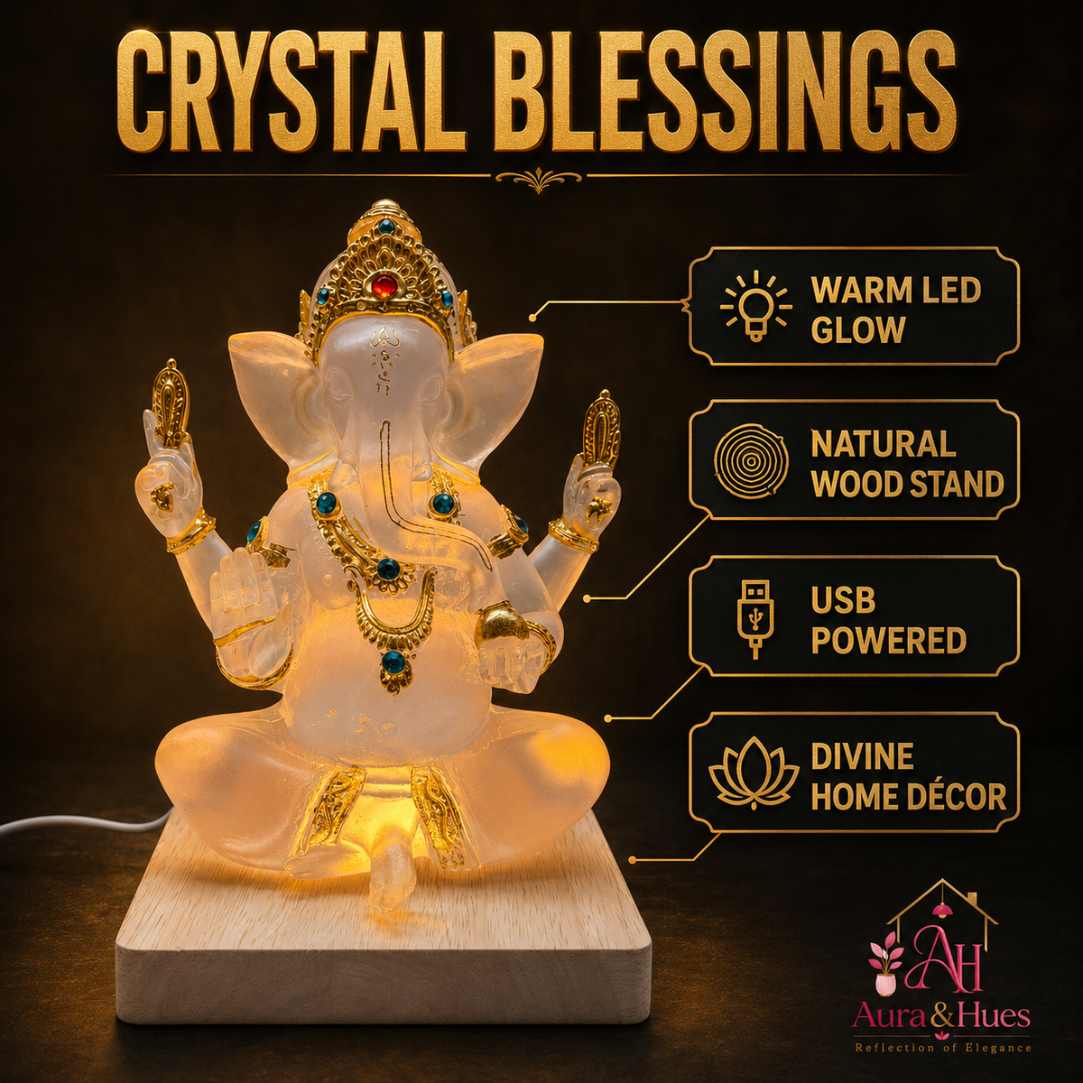 Crystal Blessings Ganesha LED Lamp - Glowing Ambiance