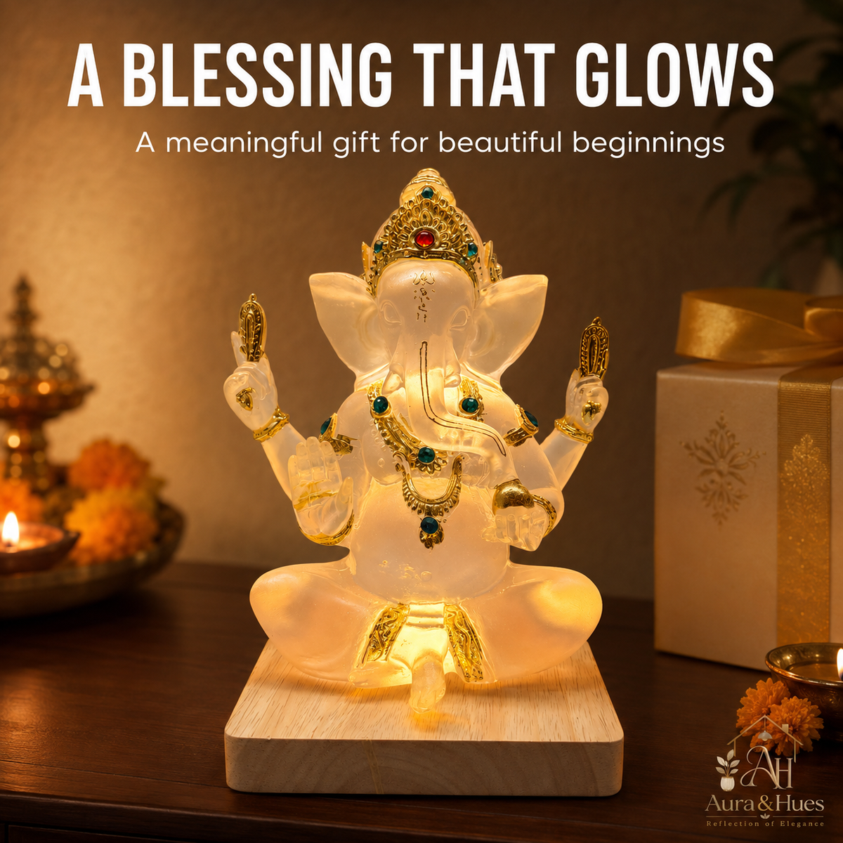 Crystal Blessings Ganesha LED Lamp - Divine Detail Close-up