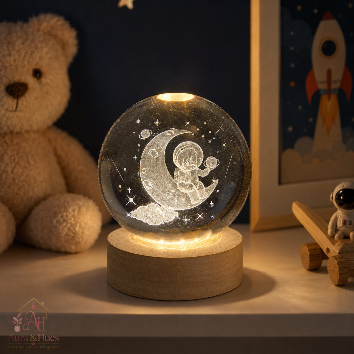 Crystal ball night lamp with boy on moon 3D engraving, warm LED glow on wooden base