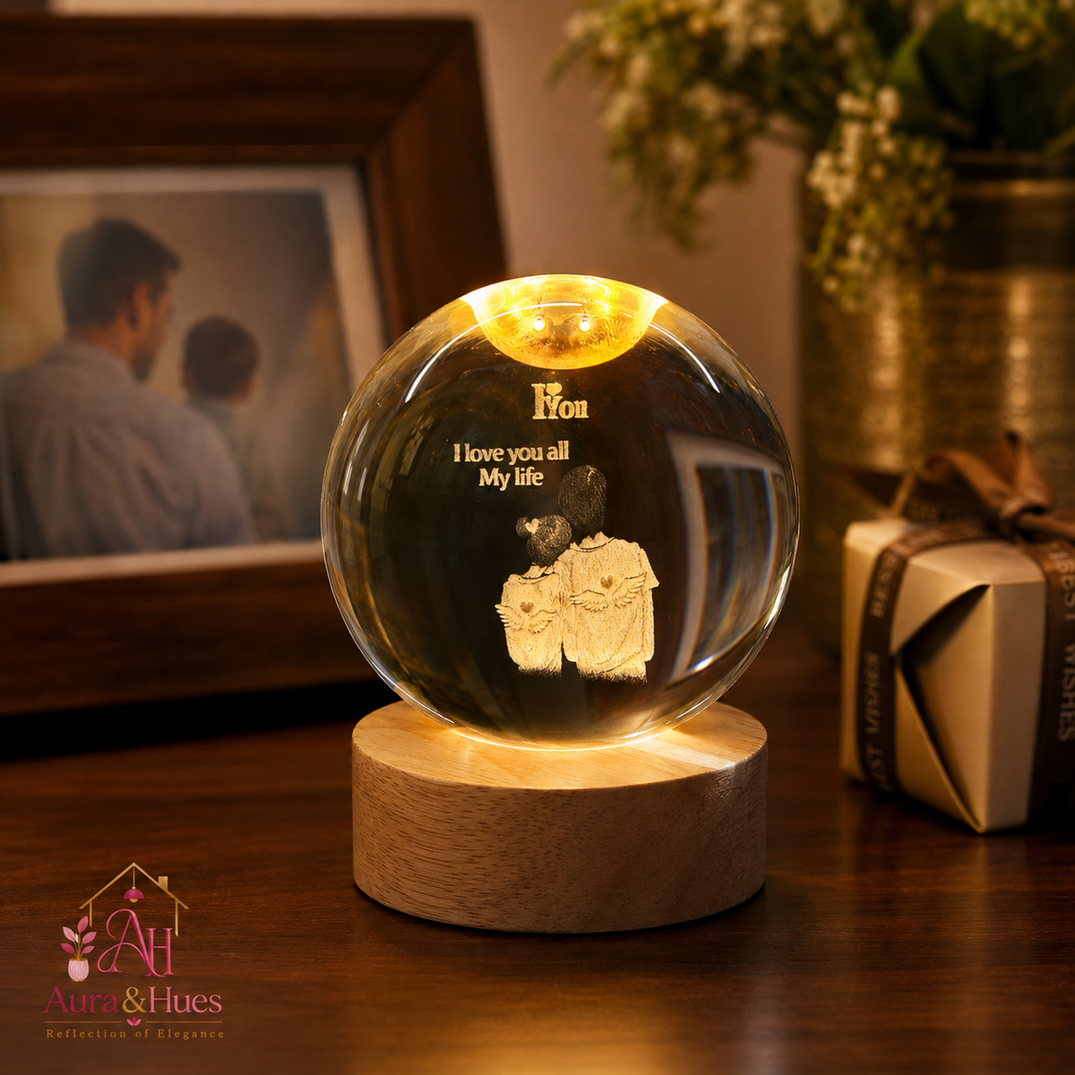 LED Crystal Ball on wooden shelf with warm glow – couple design