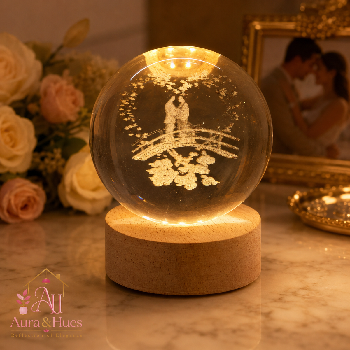 Dimensions and specifications of Couple on Bridge 3D Crystal Ball LED Lamp – 7.5cm diameter, 9cm height