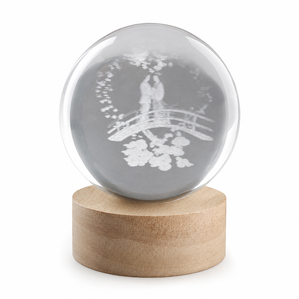 Couple on Bridge 3D Crystal Ball LED Lamp on natural wooden base – unlit view