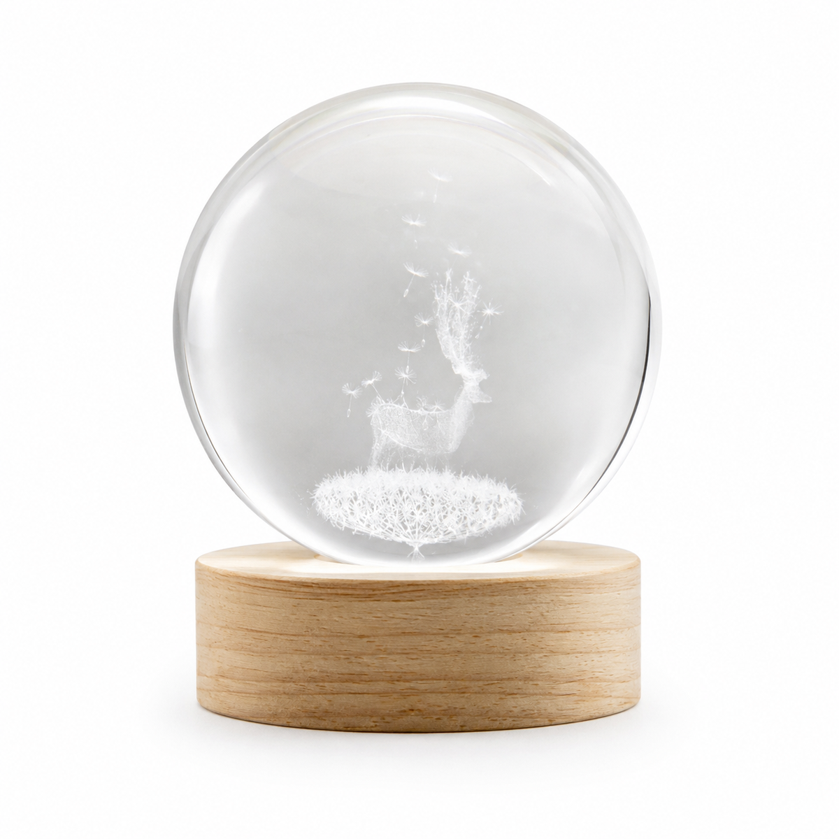 LED Crystal Ball Deer - precision 3D engraving, crystal clarity, natural wood finish on dark background